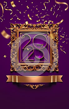 2023 New Year design template with a vintage gold frame and confetti on a purple background