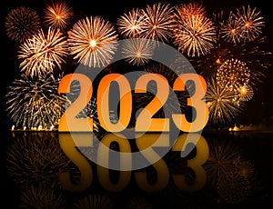 2023 new year digits in front of fireworks