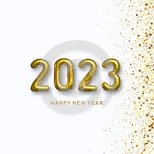 2023 New Year gold foil numbers. Postcard Merry Christmas and Happy New Year 2023.