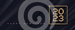 2023 new year golden logo on abstract black textile background. Greeting design with realistic gold metal number of year.