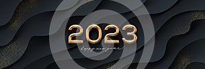 2023 new year golden logo on abstract black waves background. Greeting design with realistic gold metal number of year.