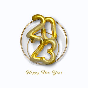 2023 New Year numbers from gold foil with gold circles. Postcard Merry Christmas and Happy New Year 2023