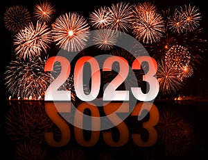 2023 new year red an white digits in front of fireworks