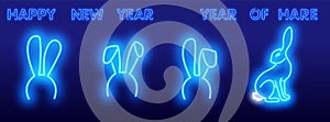 2023 Outline neon lunar rabbit icon. Glowing neon cute bunny silhouette, Easter hare pictogram. Baby rabbit, festive