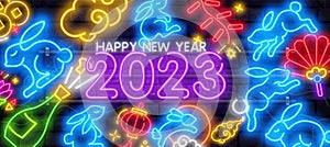 2023 Outline neon lunar rabbit icon. Neon 2023 new year background. Baby rabbit, festive bunny, funny hare for holiday