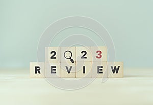 2023 Review concept. For business planning. Wooden cube with Review 2023