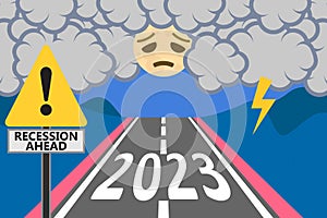 2023 road with disappointed moon amid storm clouds with lightning and recession ahead warning sign,concept vector illustration