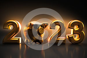 2023 symbolic Golden Piggy Bank and golden digits like symbol huge wealth save money - congratulation to happy new year christmas