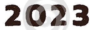 2023 text digits made of coffee isolated on white. Flat lay, top view