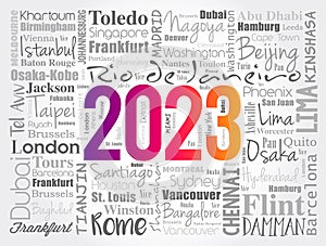 2023 travel cities word cloud collage, trip destinations concept background
