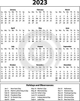 2023 Year Calendar with National Holidays