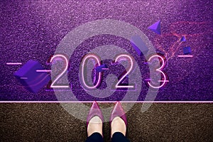 2023 Year Concept. Top View of Business Woman Standing on Starting Line. Get Ready to Steps Forward to New Year Challenge. Year of