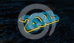 2023 year futuristic neon symbol digital concept 3d illustration