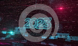 2023 year futuristic neon symbol digital concept 3d illustration