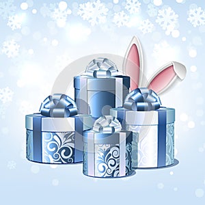 2023 year of rabbit. Silver and blue gift boxes with cute bunny ears.