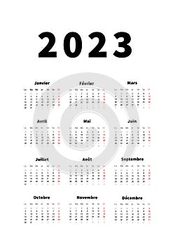 2023 year simple vertical calendar in french language, typographic calendar isolated on white