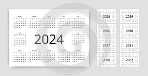 2024, 2025, 2026, 2027, 2028, 2029, 2030, 2031, 2032 Calendars. Calender templates. Vector illustration