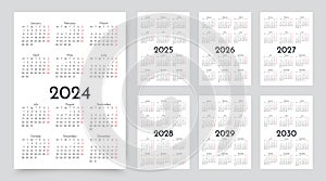 2024, 2025, 2026, 2027, 2028, 2029, 2030 years calendar. Set templates yearly planner grids. Vector illustration