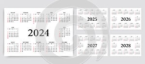 2024, 2025, 2026, 2027, 2028 calendars. Layout grid of year planner. Vector illustration
