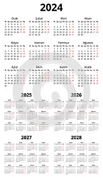 2024, 2025, 2026, 2027, 2028 vertical turkish calendars. Printable vector illustration set for Turkey
