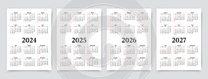 2024, 2025, 2026, 2027 years calendar. Set of templates yearly planners. Vector illustration