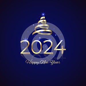 2024, 24 Happy New Year. Shiny golden 2024 with Christmas tree. New Year design for invitation, greeting card, calendar. Shiny