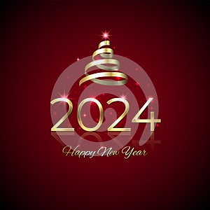 2024, 24 Happy New Year. Shiny golden 2024 with Christmas tree. New Year design for invitation, greeting card, calendar. Shiny