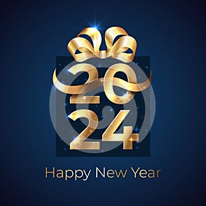 2024, 24 Happy New Year. Shiny golden 2024 in shape of gift box with ribbon, bow on dark background. Greeting card. New Year