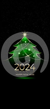 2024, 24 happy new year wallpaper. Shiny golden 2024 with christmas tree. New Year design for invitation, greeting card, calendar