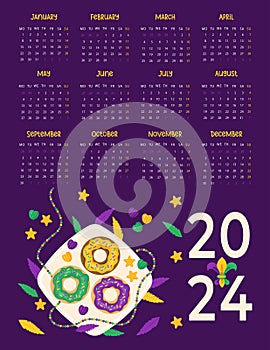 2024 annual calendar. Mardi Gras carnival. King Cake. Festive colorful donuts on plate. Vector illustration in cartoon