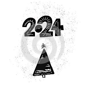 2024 big number of new year, ink painted Christmas tree isolated on white background with grunge texture. Handmade