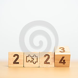 2024 block with jigsaw puzzle icon. Business Process, Team, teamwork, Goal, mission, Resolution, strategy, plan, Action,