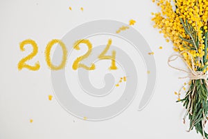 2024 bouquet of yellow mimosa on white background