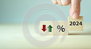 2024 Business performance concept. Economic and financial analysis, rising and falling trend.