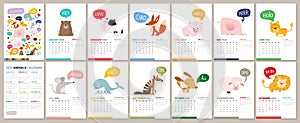 2024 Calendar with hand drawn animals. Vector