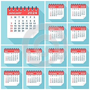 2024 Calendar Leaves Flat Set - Vector Illustration