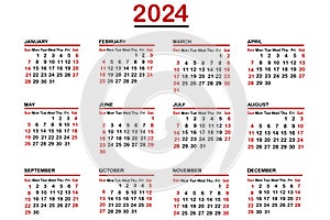 2024 calendar simple design on white background