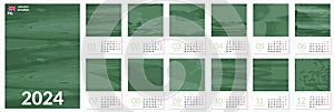 2024 calendar template with abstract green nature field landscape. Simple eco environment background. Calendar design