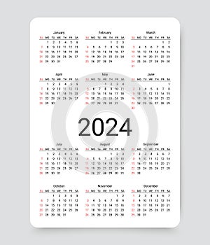2024 calendar template. Calender template with 12 month. Vector illustration