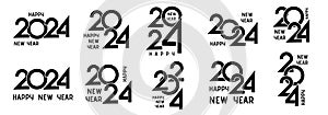 2024 collection of designs for a Happy New Year in black. Design templates for the numbers 2024. Various symbols New