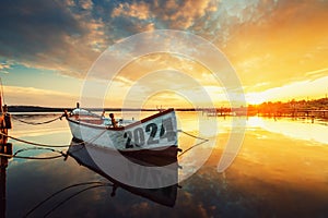 2024 concept Fishing Boat on Varna lake with a reflection in the water at sunset