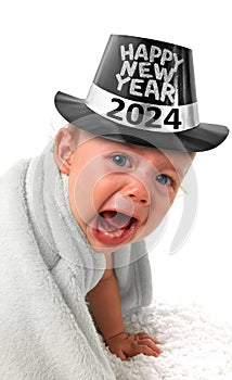 2024 Crying baby wearing a happy New Year top hat.