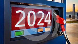 2024 on the display on the gas pump at the petrol station. Happy new years