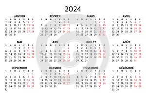 2024 french calendar. Printable, editable vector illustration for France. 12 months year calendrier