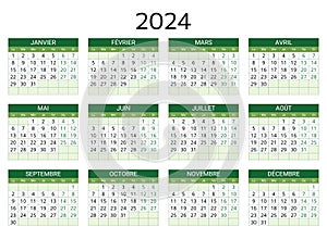 2024 french calendar. Printable, editable vector illustration for France. 12 months year calendrier