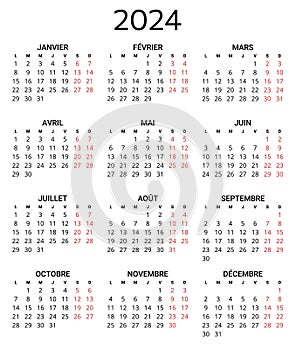 2024 french calendar. Printable, editable vector illustration for France. 12 months year calendrier