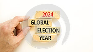 2024 global election year symbol. Concept words 2024 global election year on beautiful block. Beautiful white table white