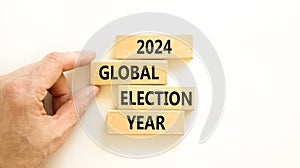 2024 global election year symbol. Concept words 2024 global election year on beautiful block. Beautiful white table white