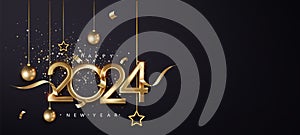 2024 gold number for New Year celebrations with balls, ribbons and shimmering particles on dark black background