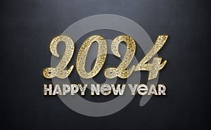 2024 greetings card with golden diamond effect. Shiny gold Happy New Year text. 3D rendering